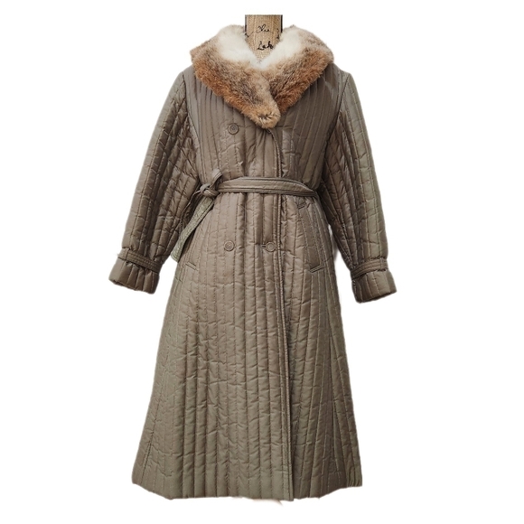 Vintage 70s Quilted Long Coat Rabbit Fur, Sage, US Women's Large (listing as) - Picture 2 of 14